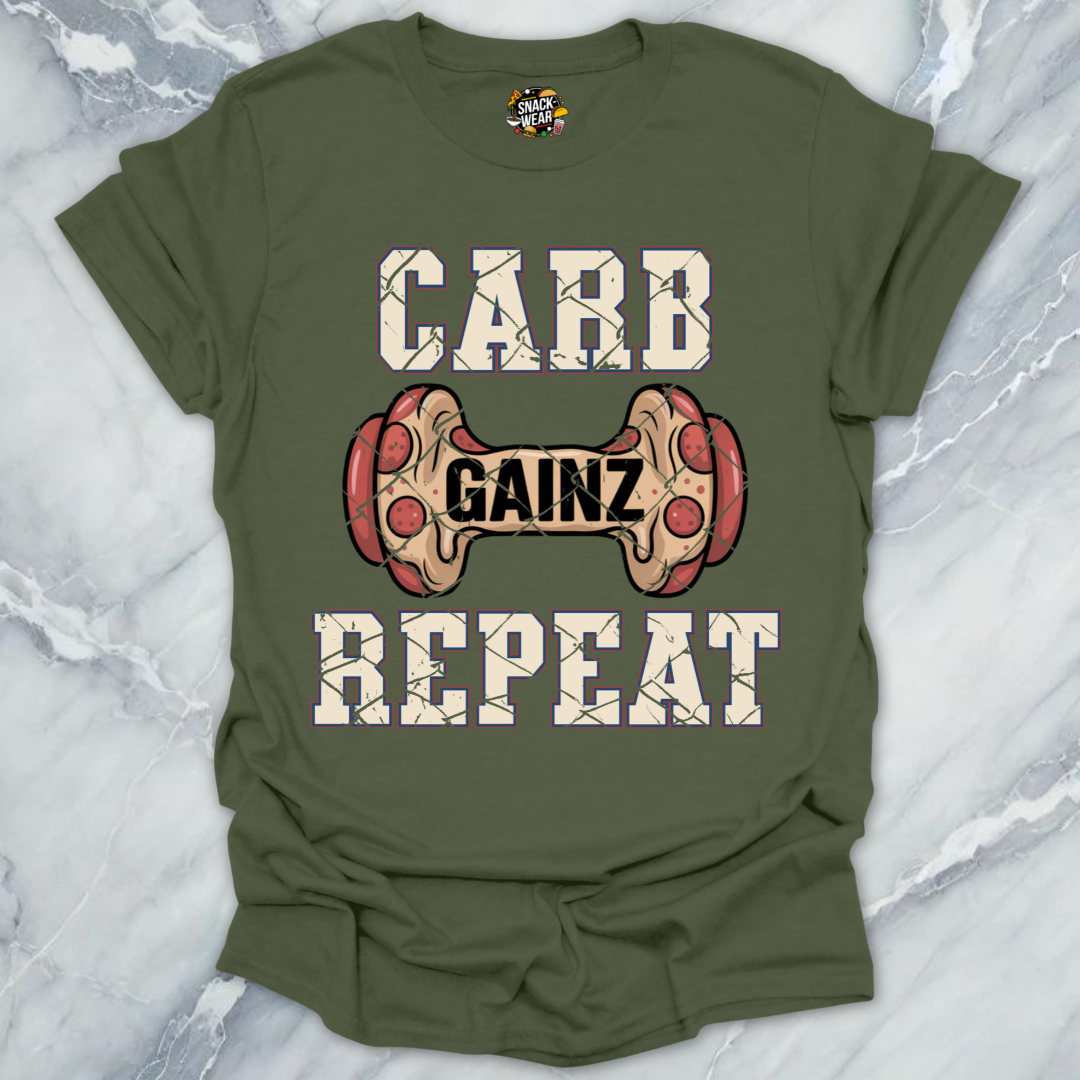 Carb Gainz Repeat Pizza Dumbbell Gym T-Shirt