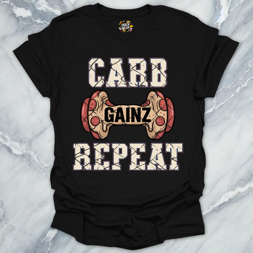 Carb Gainz Repeat Pizza Dumbbell Gym T-Shirt